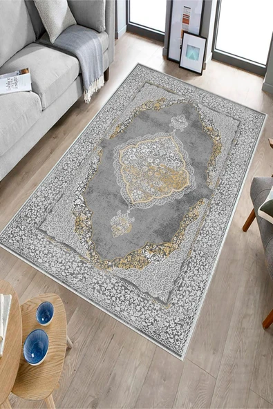 Makinede Yıkanabilir Leke Tutmaz  Gri Dot Keçe Kaymaz Taban Göbekli Salon Saçaksız Halı E4141  GRİ 80 x 150 - 3