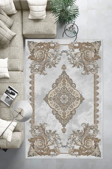 Makinede Yıkanabilir Leke Tutmaz  Gri-Kahverengi Dot Keçe Kaymaz Taban Göbekli Salon Saçaksız Halı E4144  KAHVERENGİ 100 x 300 - Resim 6