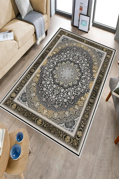 Makinede Yıkanabilir Leke Tutmaz  Siyah Dot Keçe Kaymaz Taban Göbekli Salon Saçaksız Halı E4155  SİYAH 80 x 200 - Resim 3