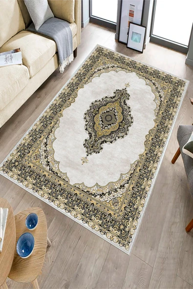 Makinede Yıkanabilir Leke Tutmaz  Sarı Dot Keçe Kaymaz Taban Göbekli Salon Saçaksız Halı E4151  SARI 120 x 180 - Resim 3