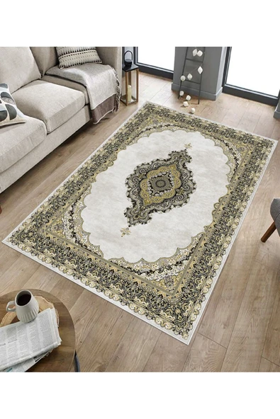 Makinede Yıkanabilir Leke Tutmaz  Sarı Dot Keçe Kaymaz Taban Göbekli Salon Saçaksız Halı E4151  SARI 80 x 150 - Resim 5