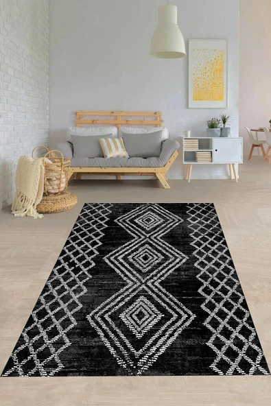 Makinede Yıkanabilir Leke Tutmaz  Siyah Pvc Deri Kaymaz Taban Etnik Salon Saçaksız Halı E4129  ÇOKLU 120 x 180