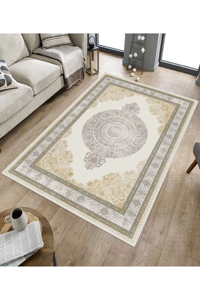 Makinede Yıkanabilir Leke Tutmaz  Krem Dot Keçe Kaymaz Taban Göbekli Salon Saçaksız Halı E4156  KREM 100 x 300 - Resim 5