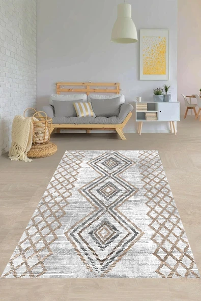 Makinede Yıkanabilir Leke Tutmaz  Gri-Kahve Deko Deri Kaymaz Taban Etnik Salon Saçaksız Halı E4128  ÇOKLU 100 x 200