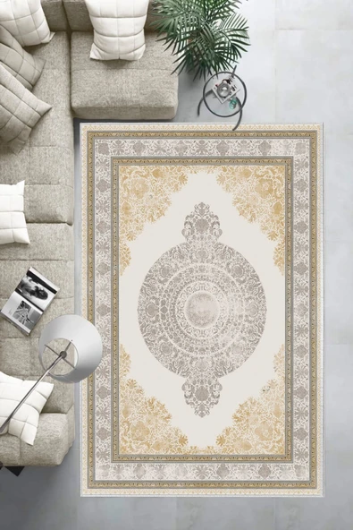 Makinede Yıkanabilir Leke Tutmaz  Krem Dot Keçe Kaymaz Taban Göbekli Salon Saçaksız Halı E4156  KREM 100 x 300 - Resim 6