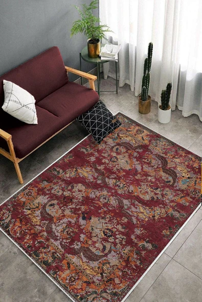 Makinede Yıkanabilir Leke Tutmaz  Bordo Dot Keçe Kaymaz Taban Göbekli Salon Saçaksız Halı E4148  180 x 280 BORDO - Resim 4