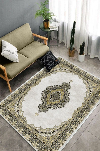 Makinede Yıkanabilir Leke Tutmaz  Sarı Dot Keçe Kaymaz Taban Göbekli Salon Saçaksız Halı E4151  SARI 80 x 150 - Resim 6