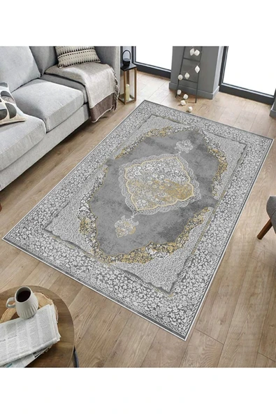 Makinede Yıkanabilir Leke Tutmaz  Gri Dot Keçe Kaymaz Taban Göbekli Salon Saçaksız Halı E4141  GRİ 80 x 150 - 5