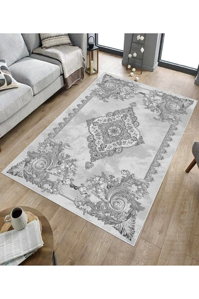 Makinede Yıkanabilir Leke Tutmaz  Gri Dot Keçe Kaymaz Taban Göbekli Salon Saçaksız Halı E4146  GRİ 120 x 180 - Resim 5