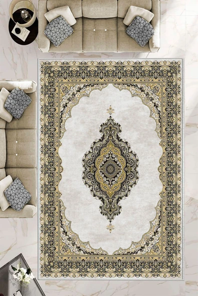 Makinede Yıkanabilir Leke Tutmaz  Sarı Dot Keçe Kaymaz Taban Göbekli Salon Saçaksız Halı E4151  SARI 80 x 300