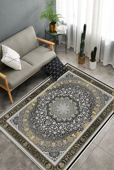 Makinede Yıkanabilir Leke Tutmaz  Siyah Dot Keçe Kaymaz Taban Göbekli Salon Saçaksız Halı E4155  SİYAH 80 x 200 - Resim 4