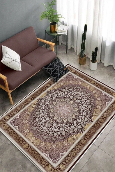 Makinede Yıkanabilir Leke Tutmaz  Mürdüm Dot Keçe Kaymaz Taban Göbekli Salon Saçaksız Halı E4153  MÜRDÜM 100 x 200 - Resim 4