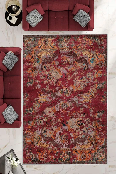 Makinede Yıkanabilir Leke Tutmaz  Bordo Dot Keçe Kaymaz Taban Göbekli Salon Saçaksız Halı E4148  80 x 150 BORDO