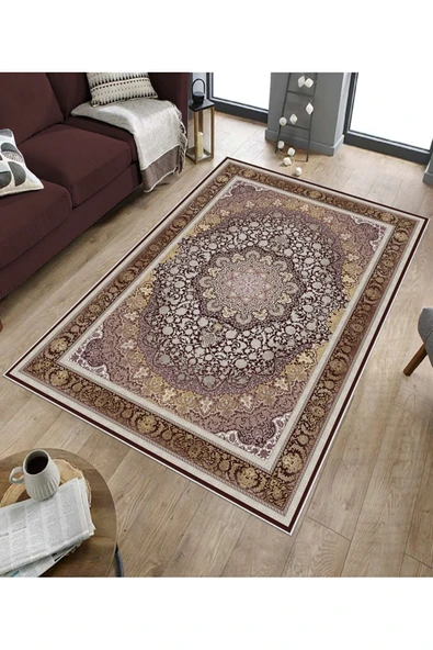 Makinede Yıkanabilir Leke Tutmaz  Mürdüm Dot Keçe Kaymaz Taban Göbekli Salon Saçaksız Halı E4153  MÜRDÜM 100 x 200 - Resim 5