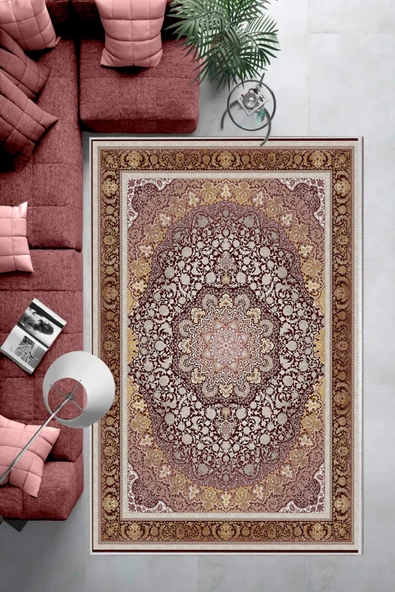 Makinede Yıkanabilir Leke Tutmaz  Mürdüm Dot Keçe Kaymaz Taban Göbekli Salon Saçaksız Halı E4153  MÜRDÜM 200 x 300 - Resim 6