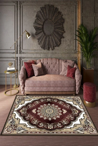 Makinede Yıkanabilir Leke Tutmaz  Renkli Pvc Deri Kaymaz Taban Tasarım Göbekli Salon Saçaksız Halı E4095  ÇOKLU 100 x 140