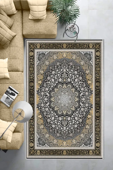 Makinede Yıkanabilir Leke Tutmaz  Siyah Dot Keçe Kaymaz Taban Göbekli Salon Saçaksız Halı E4155  SİYAH 80 x 200 - Resim 6