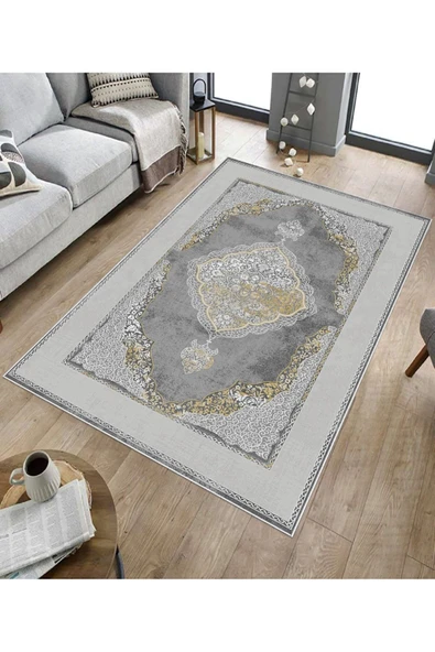 Makinede Yıkanabilir Leke Tutmaz  Gri Dot Keçe Kaymaz Taban ÇerçeveGöbek Salon Saçaksız Halı E4143  GRİ 100 x 200 - Resim 4