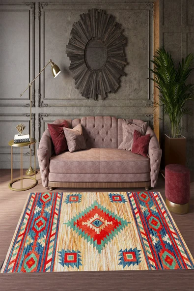Makinede Yıkanabilir Leke Tutmaz  Multi Pvc Deri Kaymaz Taban Etnik Salon Saçaksız Halı E4135  ÇOKLU 180 x 280