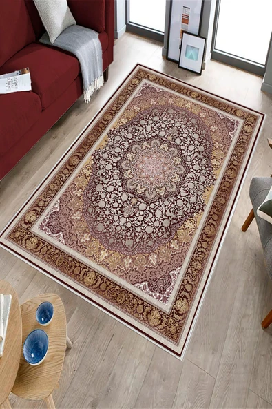 Makinede Yıkanabilir Leke Tutmaz  Mürdüm Dot Keçe Kaymaz Taban Göbekli Salon Saçaksız Halı E4153  MÜRDÜM 100 x 200 - Resim 3