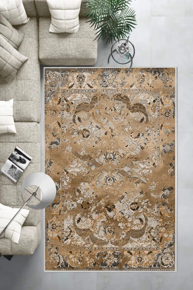 Makinede Yıkanabilir Leke Tutmaz  Kahverengi Dot Keçe Kaymaz Taban Göbekli Salon Saçaksız Halı E4147  KAHVERENGİ 120 x 180 - Resim 6