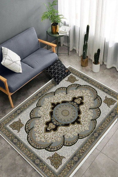 Makinede Yıkanabilir Leke Tutmaz  Mavi Dot Keçe Kaymaz Taban Göbekli Salon Saçaksız Halı E4162  MAVİ 100 x 300 - Resim 4