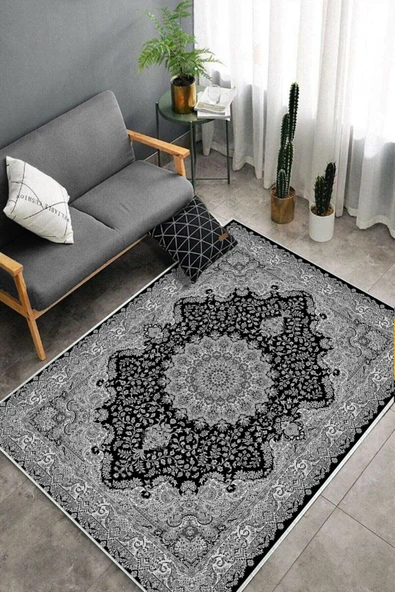 Makinede Yıkanabilir Leke Tutmaz  Gri-Siyah Dot Keçe Kaymaz Taban Göbekli Salon Saçaksız Halı E4170  GRİ-SİYAH 120 x 180 - Resim 4