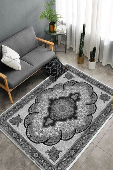 Makinede Yıkanabilir Leke Tutmaz  Siyah-Gri Dot Keçe Kaymaz Taban Göbekli Salon Saçaksız Halı E4164  SİYAH-GRİ 80 x 300 - Resim 4