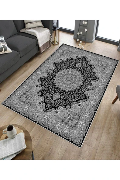 Makinede Yıkanabilir Leke Tutmaz  Gri-Siyah Dot Keçe Kaymaz Taban Göbekli Salon Saçaksız Halı E4170  GRİ-SİYAH 120 x 180 - Resim 5