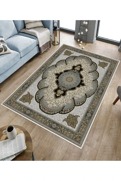 Makinede Yıkanabilir Leke Tutmaz  Mavi Dot Keçe Kaymaz Taban Göbekli Salon Saçaksız Halı E4162  MAVİ 100 x 300 - Resim 5