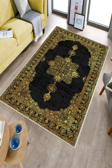Makinede Yıkanabilir Leke Tutmaz  Siyah-Sarı Dot Keçe Kaymaz Taban Göbekli Salon Saçaksız Halı E4161  SİYAH-SARI 180 x 280 - Resim 3