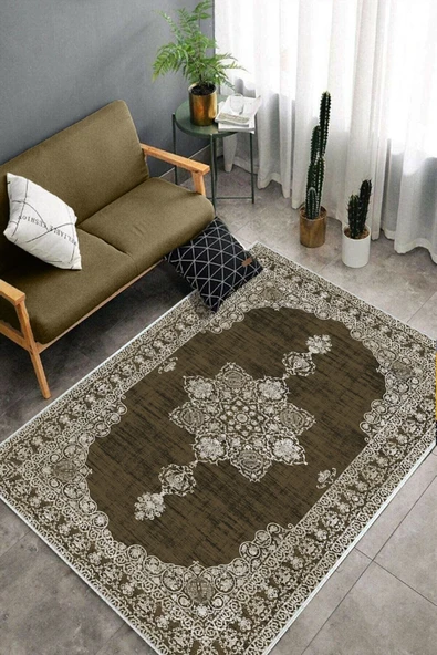 Makinede Yıkanabilir Leke Tutmaz  Kahverengi Dot Keçe Kaymaz Taban Göbekli Salon Saçaksız Halı E4160  KAHVERENGİ 160 x 230 - Resim 4