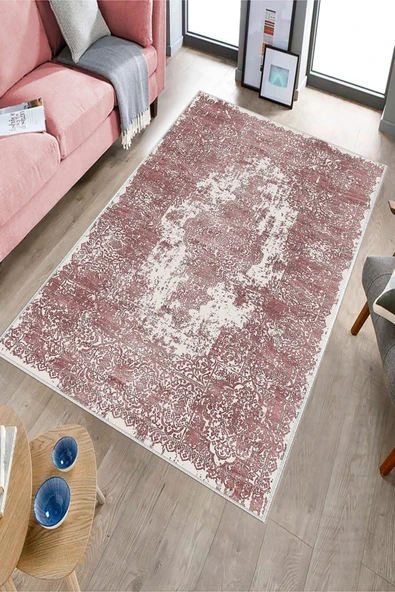 Makinede Yıkanabilir Leke Tutmaz  Pembe Dot Keçe Kaymaz Taban Vintage Göbekli Salon Saçaksız Halı E4172  PEMBE 80 x 200 - Resim 3