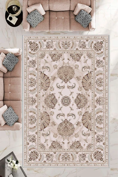 Makinede Yıkanabilir Leke Tutmaz  Pudra Dot Keçe Kaymaz Taban Göbekli Salon Saçaksız Halı E4166  PUDRA 180 x 280 ürün görseli
