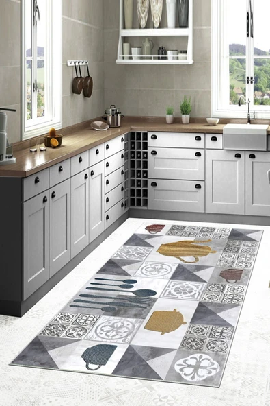 Makinede Yıkanabilir Leke Tutmaz  Gri Dot Keçe Kaymaz Taban Tasarım Mutfak Saçaksız Halı LB235  ÇOKLU 100 x 300