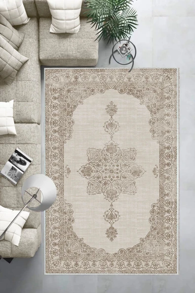 Makinede Yıkanabilir Leke Tutmaz  Bej Dot Keçe Kaymaz Taban Göbekli Salon Saçaksız Halı E4159  BEJ 200 x 300 - Resim 6