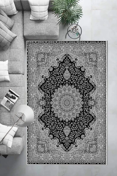 Makinede Yıkanabilir Leke Tutmaz  Gri-Siyah Dot Keçe Kaymaz Taban Göbekli Salon Saçaksız Halı E4170  GRİ-SİYAH 80 x 300 - 6