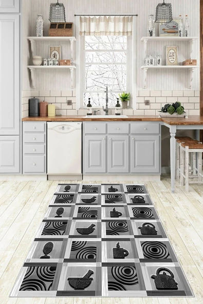 Makinede Yıkanabilir Leke Tutmaz  Gri-Siyah Pvc Deri Kaymaz Taban Modern Mutfak Saçaksız Halı F5032  ÇOKLU 120 x 180
