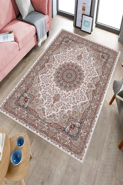 Makinede Yıkanabilir Leke Tutmaz  Pudra-Kırmızı Dot Keçe Kaymaz Taban Göbekli Salon Saçaksız Halı E4169  PUDRA-KIRMIZI 180 x 280 - 3
