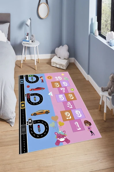 Makinede Yıkanabilir Leke Tutmaz  Mavi-Pembe Dot Keçe Kaymaz Taban Seksek Araba Çocuk Saçaksız Halı H7104  ÇOKLU 100 x 200