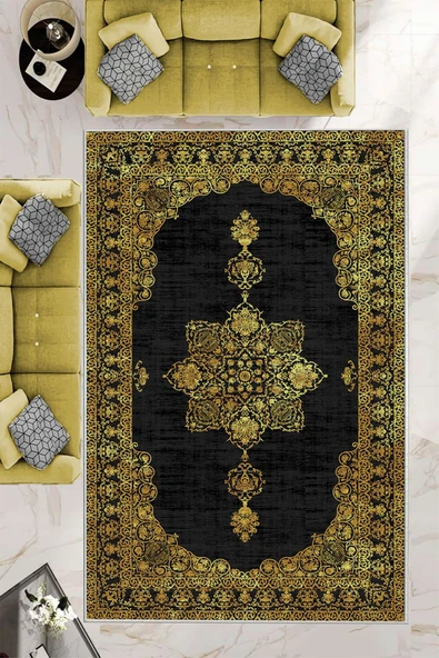 Makinede Yıkanabilir Leke Tutmaz  Siyah-Sarı Dot Keçe Kaymaz Taban Göbekli Salon Saçaksız Halı E4161  SİYAH-SARI 120 x 180