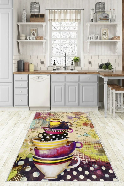 Makinede Yıkanabilir Leke Tutmaz  Multi Dot Keçe Kaymaz Taban Vintage Mutfak Saçaksız Halı LB107  ÇOKLU 120 x 180 - Resim 5