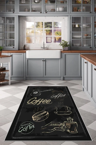 Makinede Yıkanabilir Leke Tutmaz  Siyah Dot Keçe Kaymaz Taban Coffe Mutfak Saçaksız Halı LB232  ÇOKLU 80 x 150