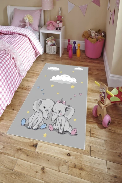 Makinede Yıkanabilir Leke Tutmaz  Gri Dot Keçe Kaymaz Taban Fil Çocuk Saçaksız Halı H7108  ÇOKLU 200 x 300 - Resim 3