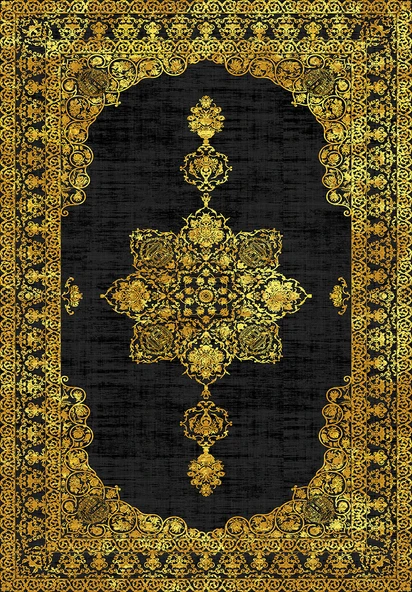 Makinede Yıkanabilir Leke Tutmaz  Siyah-Sarı Dot Keçe Kaymaz Taban Göbekli Salon Saçaksız Halı E4161  SİYAH-SARI 180 x 280 - Resim 2