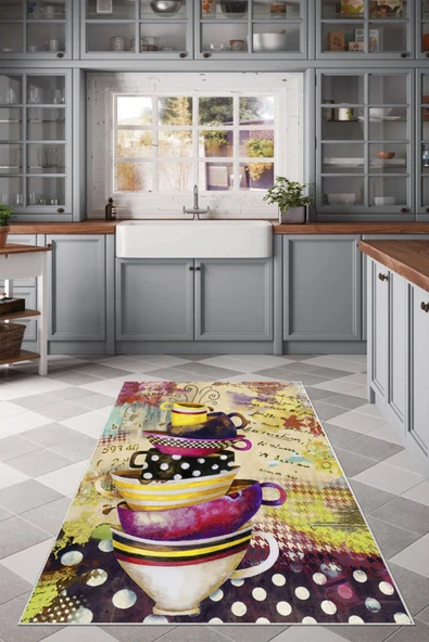 Makinede Yıkanabilir Leke Tutmaz  Multi Dot Keçe Kaymaz Taban Vintage Mutfak Saçaksız Halı LB107  ÇOKLU 100 x 200