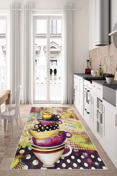 Makinede Yıkanabilir Leke Tutmaz  Multi Dot Keçe Kaymaz Taban Vintage Mutfak Saçaksız Halı LB107  ÇOKLU 80 x 300 - Resim 3