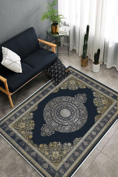 Makinede Yıkanabilir Leke Tutmaz  Lacivert Dot Keçe Kaymaz Taban Göbekli Salon Saçaksız Halı E4157  LACİVERT 80 x 300 - Resim 4