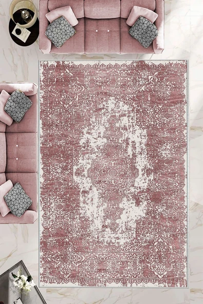 Makinede Yıkanabilir Leke Tutmaz  Pembe Dot Keçe Kaymaz Taban Vintage Göbekli Salon Saçaksız Halı E4172  PEMBE 120 x 180 ürün görseli
