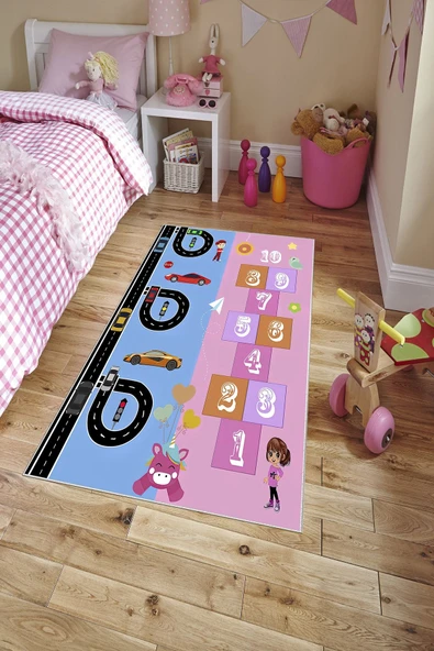 Makinede Yıkanabilir Leke Tutmaz  Mavi-Pembe Dot Keçe Kaymaz Taban Seksek Araba Çocuk Saçaksız Halı H7104  ÇOKLU 200 x 300 - Resim 3